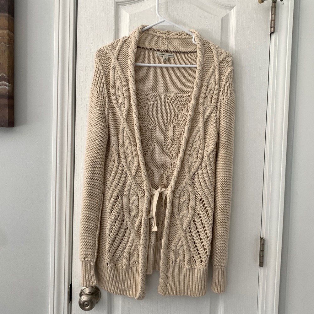 Banana Republic‎ Womens Beige Cotton Cable Knit Ribbon Tie Cardigan Sweater M
